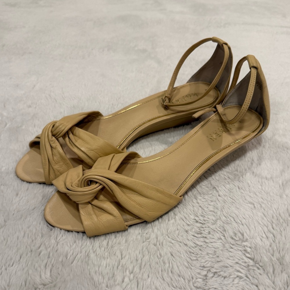 Lauren Ralph Lauren "Mireya" Leather Wedge Sandals Size 10B Tan